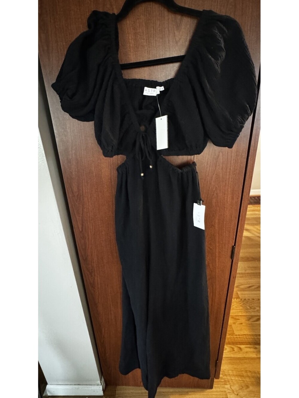 ASTR The Label Black Cutout Wide Leg Jumpsuit Romper Puff Sleeve NWT Size M